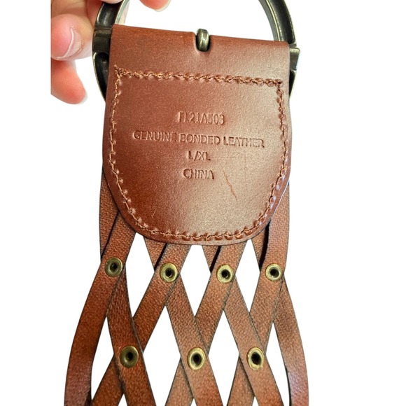 Woven‎ Lattice Studded Leather Wide Waist Belt Cognac Brown L/XL FL21A503 main image 5